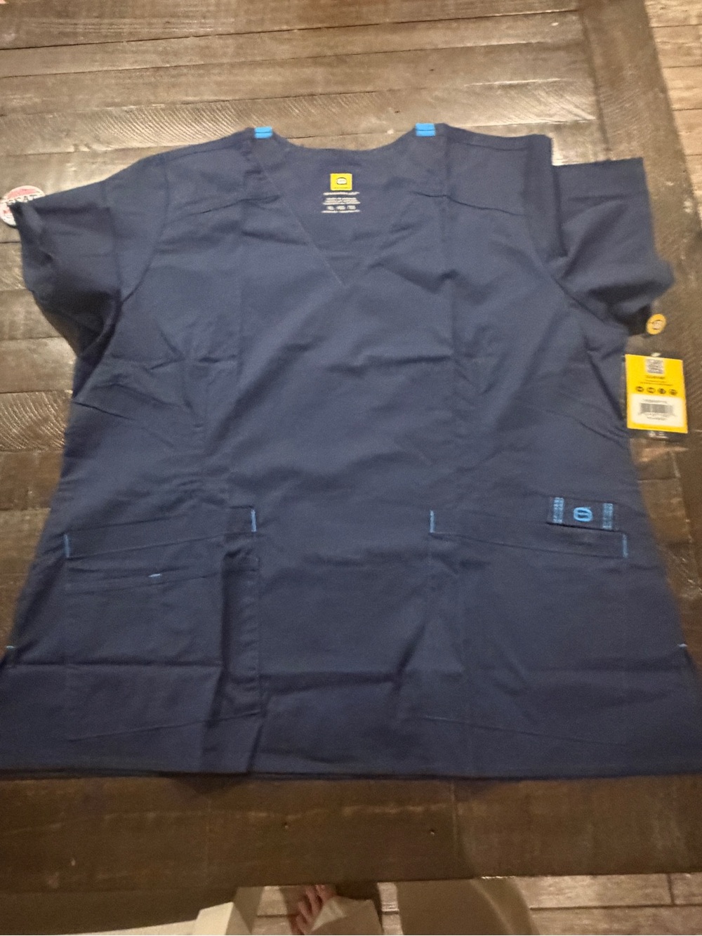 WonderWink Navy Scrub Top with Light Blue Trim